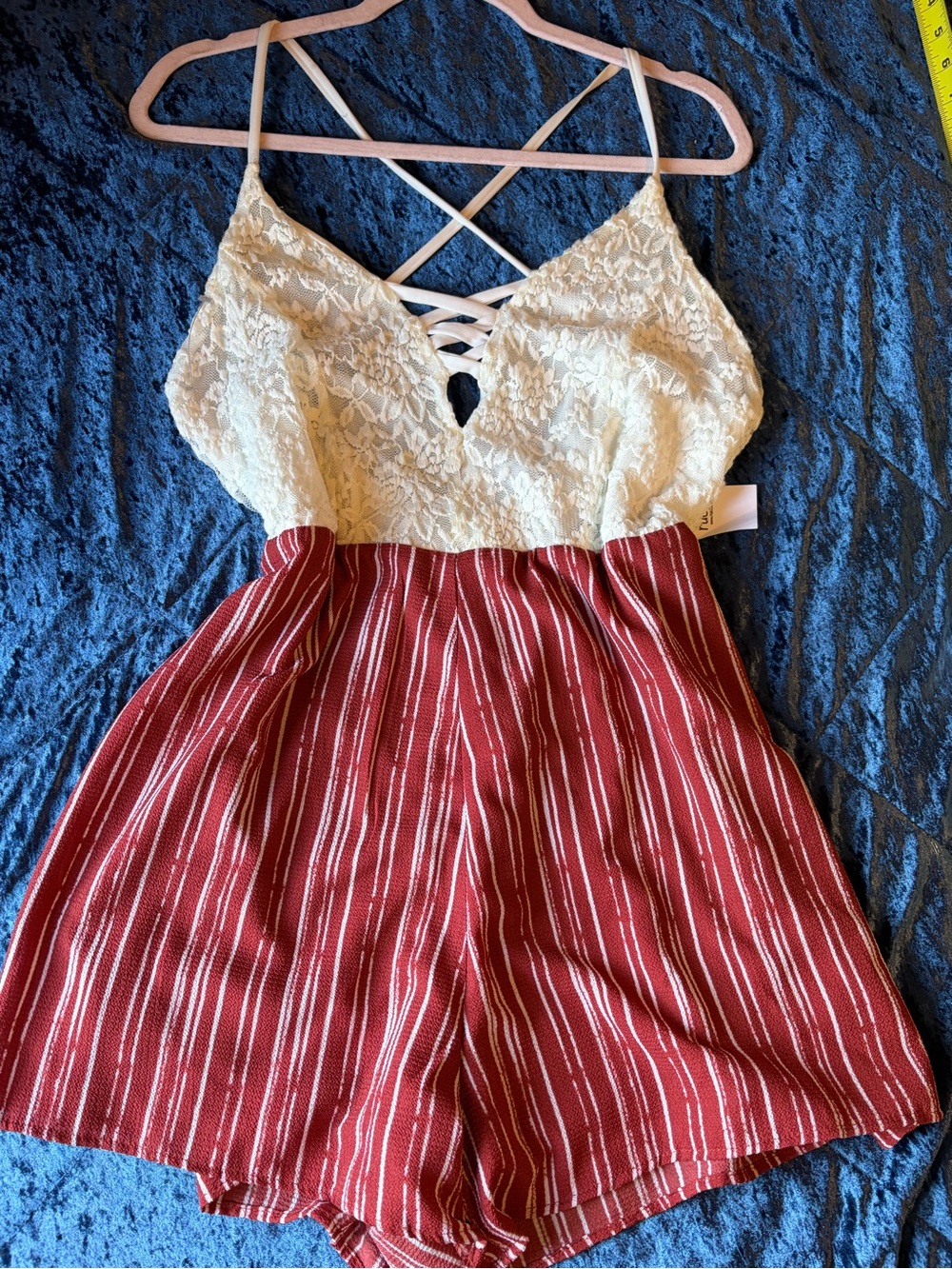 Rue21 Cream Lace & Red Striped Romper
